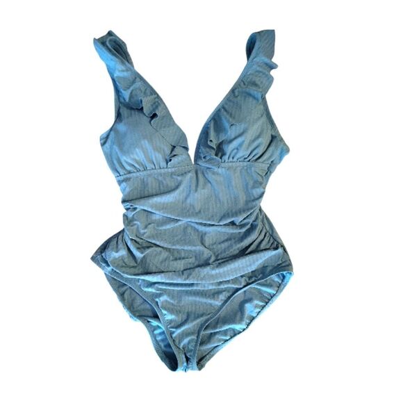 Ellen Tracy Laid Back Blue Ruffled Slimming One Piece Swimsuit Size 10 NWT - Picture 2 of 10